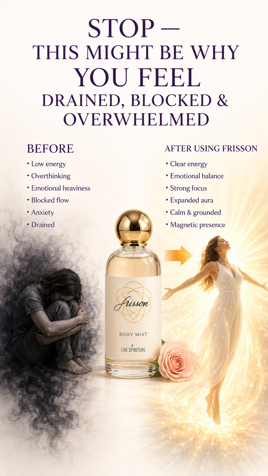 Before and After using Frisson — transformation from drained to empowered